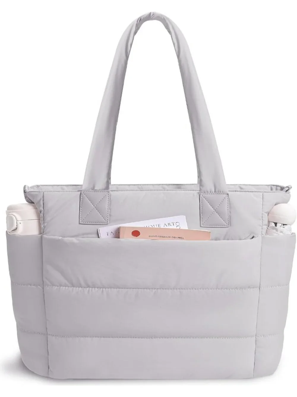 👜Women's Light Gray Quilted Puffer Tote Bag Lightweight Work For Travel Handbag